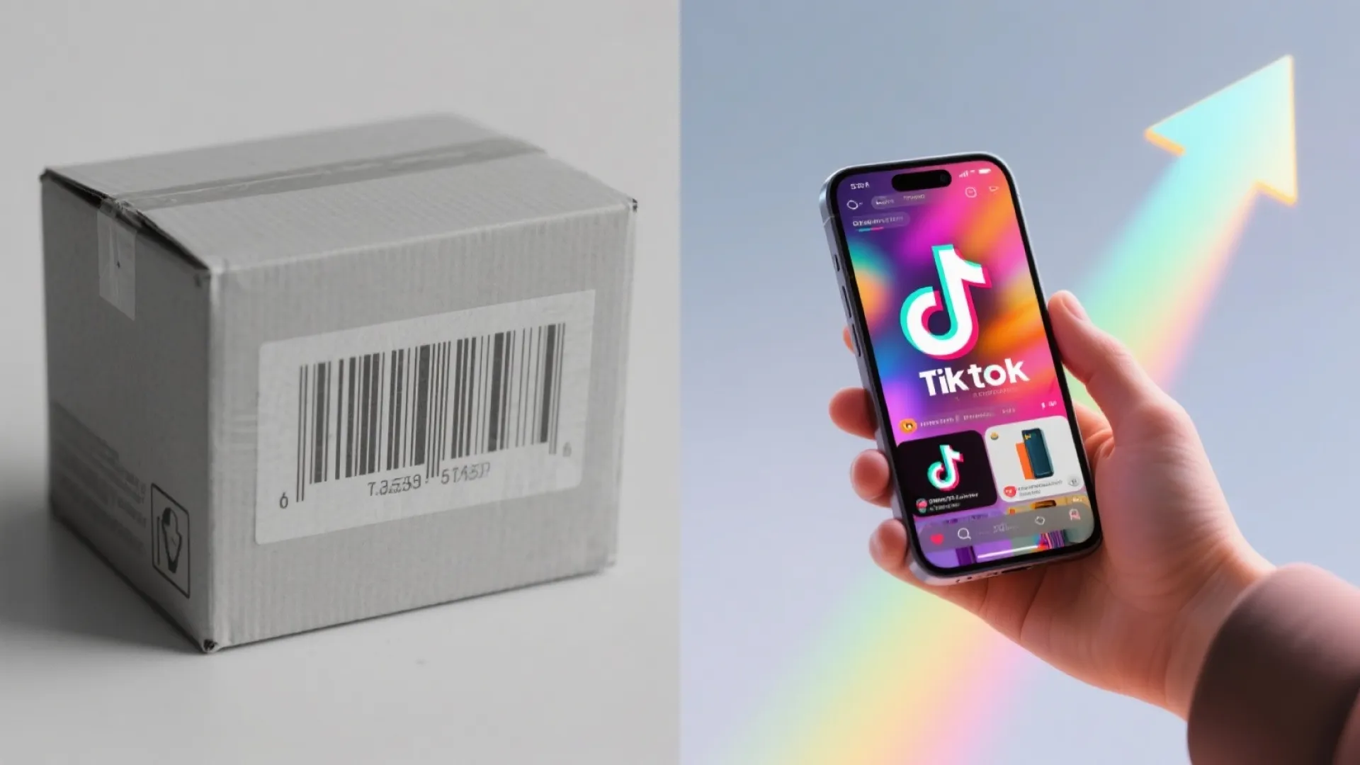 A split image contrasting an old, static barcode box with a dynamic smartphone showing TikTok Shop, symbolizing the new sales funnel.