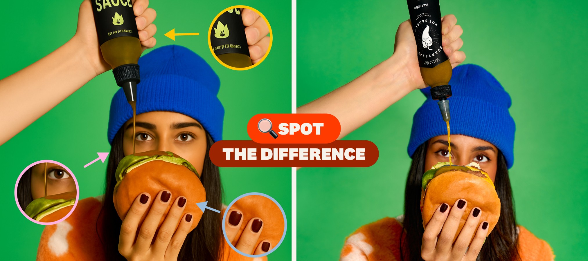 Split image comparing AI-generated food photography and real food photography, with visual callouts pointing to subtle differences in texture and detail