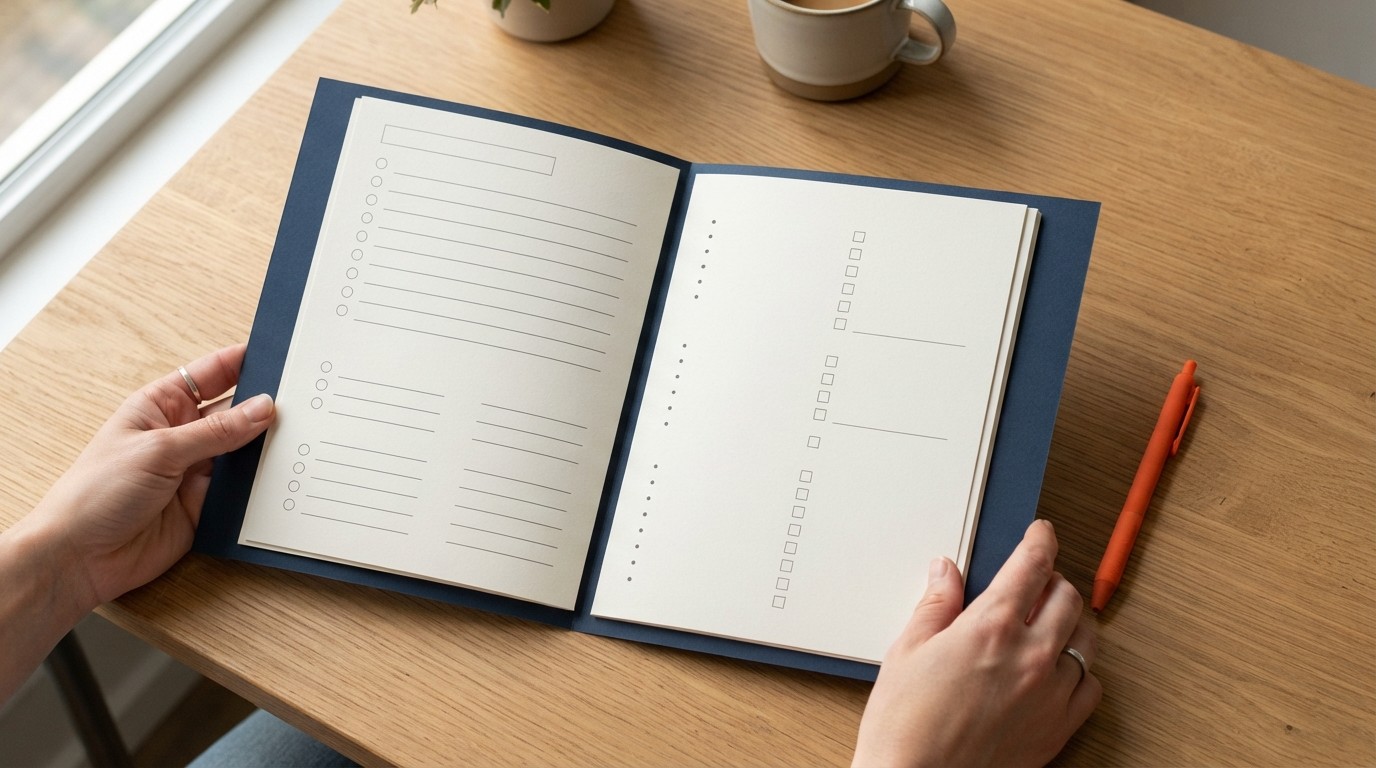 Clean organizational checklist on a desk with a pen