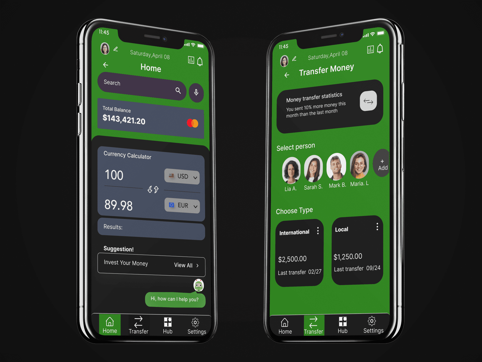 Final PlutoPay mobile mockups — Home and Transfer Money screens
