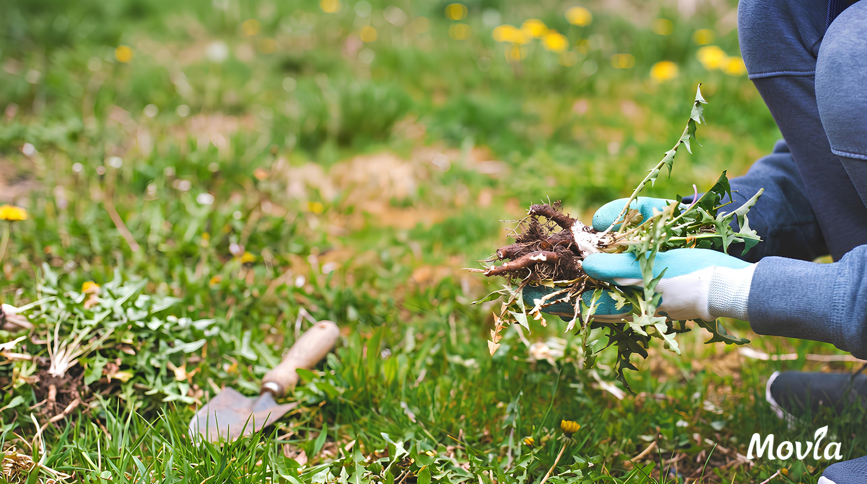 მებაღეს უჭირავს მცენარე ხელში და სარეველას მაგალითს გვნახებს