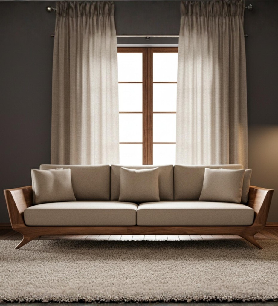 Luxury contemporary sofa with neutral fabric upholstery and exposed wooden frame