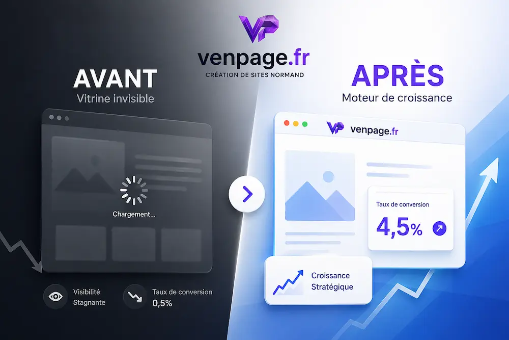 Infographie montrant la transformation d'un site web vitrine en moteur de croissance avec un taux de conversion optimisé par Venpage