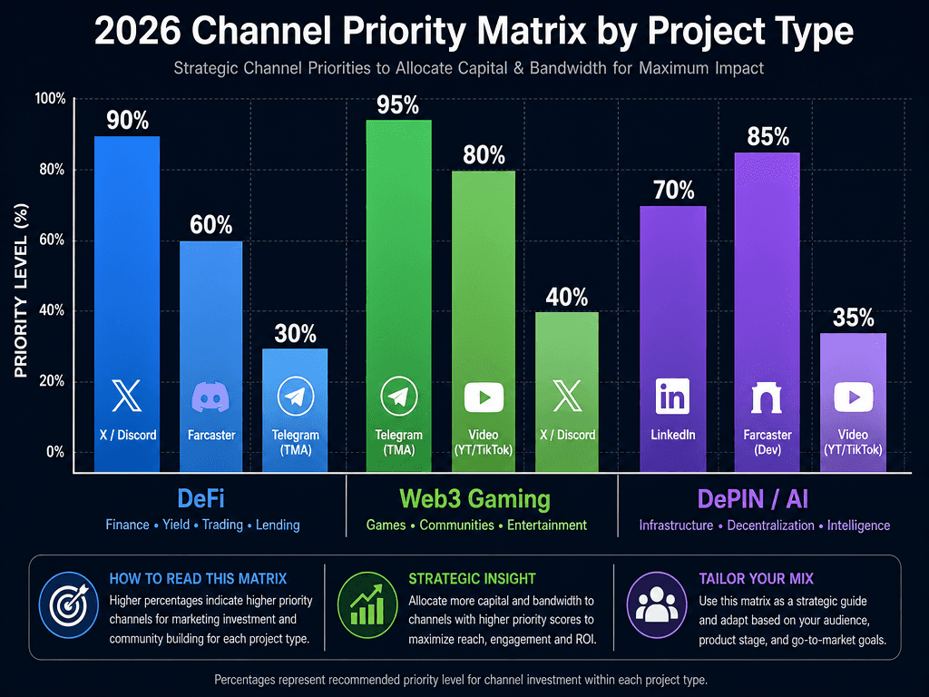 A priority bar chart comparing social channel importance across DeFi, Web3 Gaming, and DePIN projects for 2026 marketing allocation.