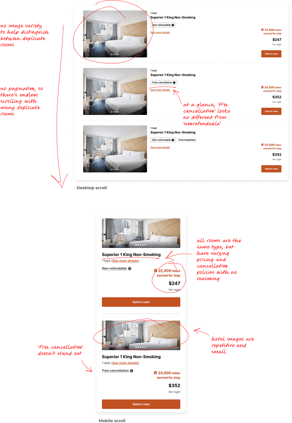 An image of both the desktop and mobile iterations of the experience, lined with handwritten annotations pointing out key issues and poor usability.