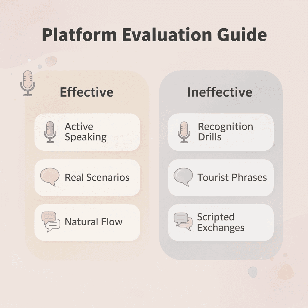 Comparison chart showing effective vs ineffective language learning platform features