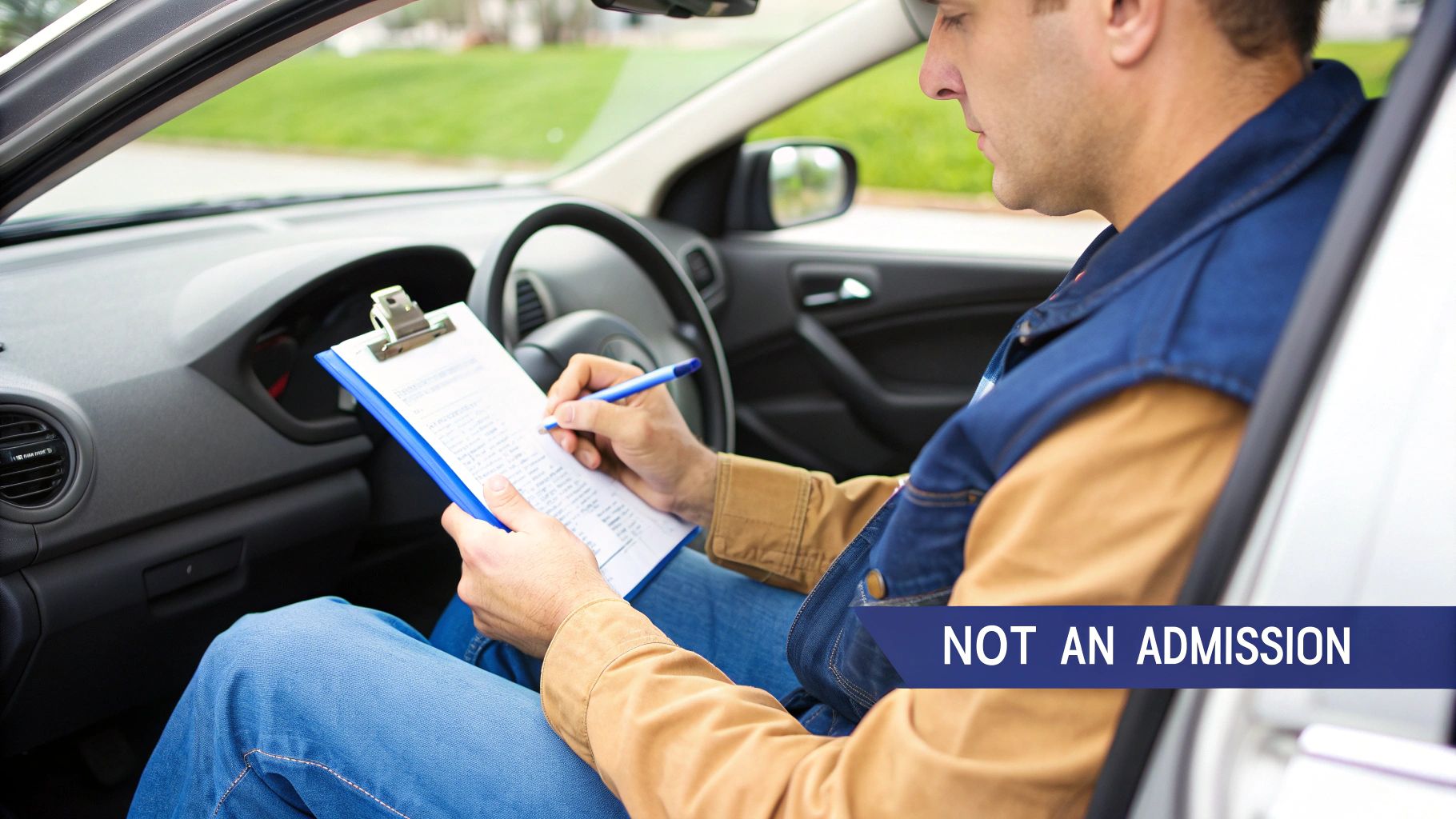 A man in a car is meticulously writing on a clipboard with a pen, wearing a denim vest.