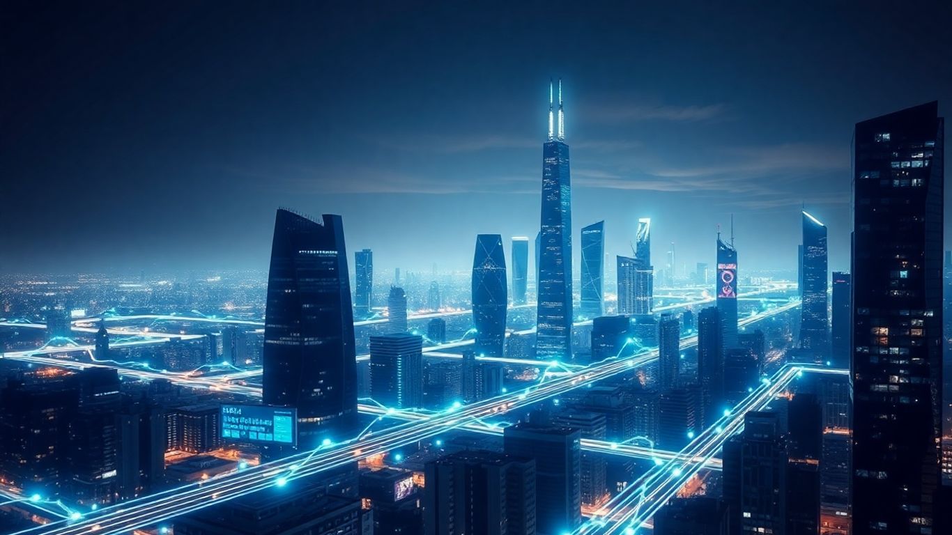 Futuristic cityscape with glowing digital pathways.