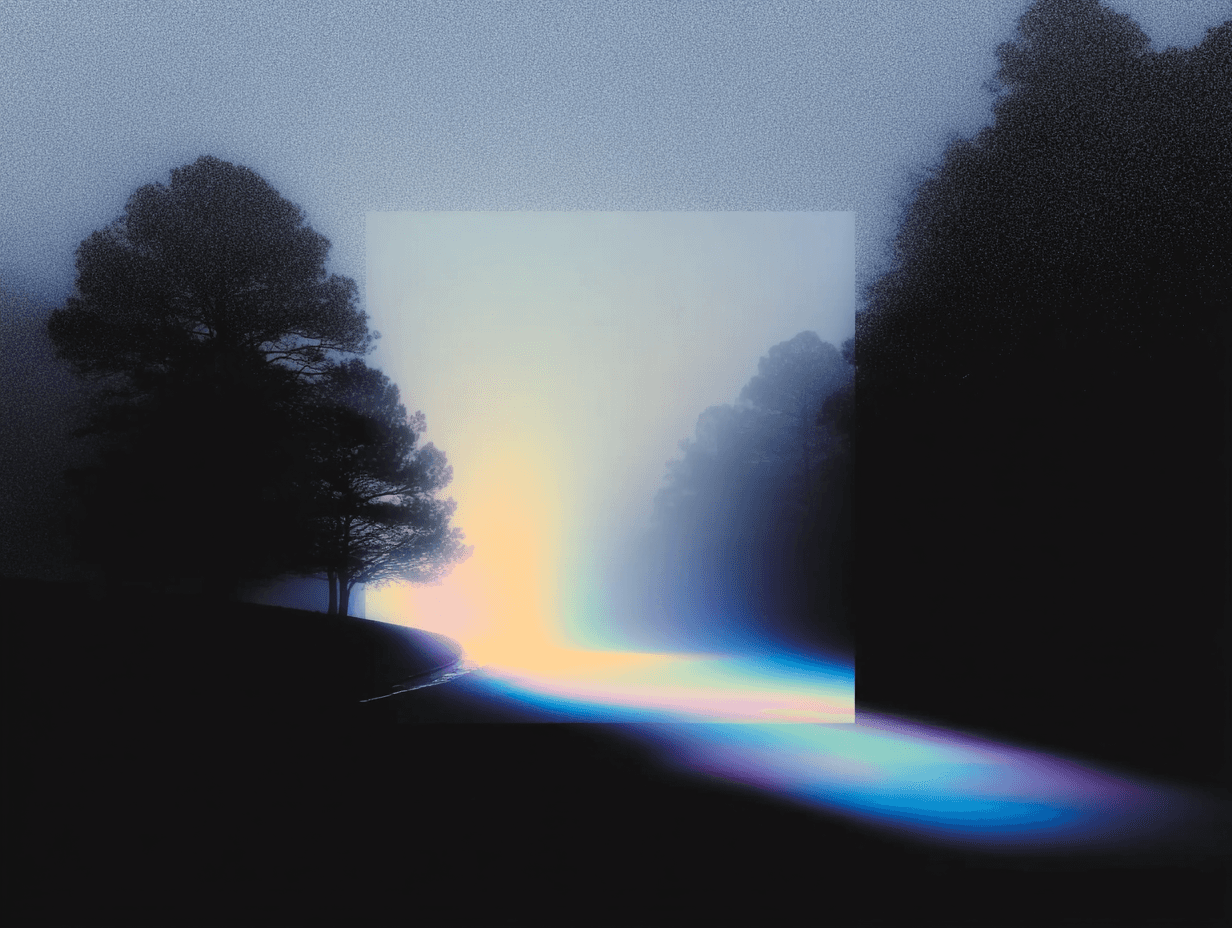 Tree and colorful light streaks against misty backdrop.