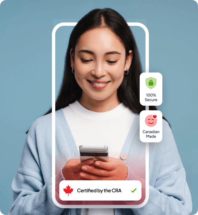 Employee confidently using mobile phone to file taxes with Chequer Tax, displaying key trust indicators: 100% secure encryption, Canadian-made solution, and CRA NETFILE certification