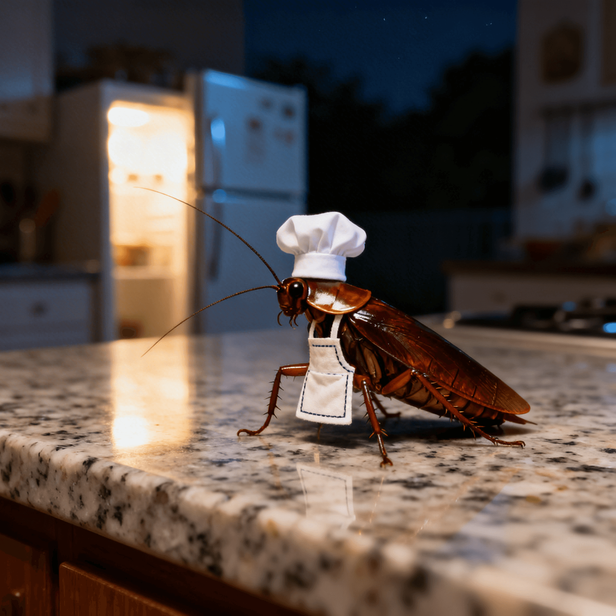 Tiny realistic cockroach in a miniature chef hat on a clean St. Louis kitchen counter at night