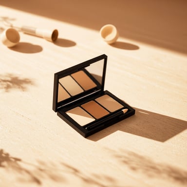 product photography of a compact makeup palette with concealer and a concealer pen