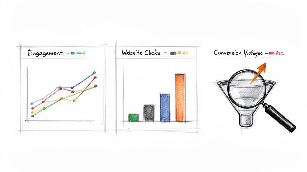 Hand-drawn charts displaying engagement, website clicks, and a conversion funnel with a magnifying glass.