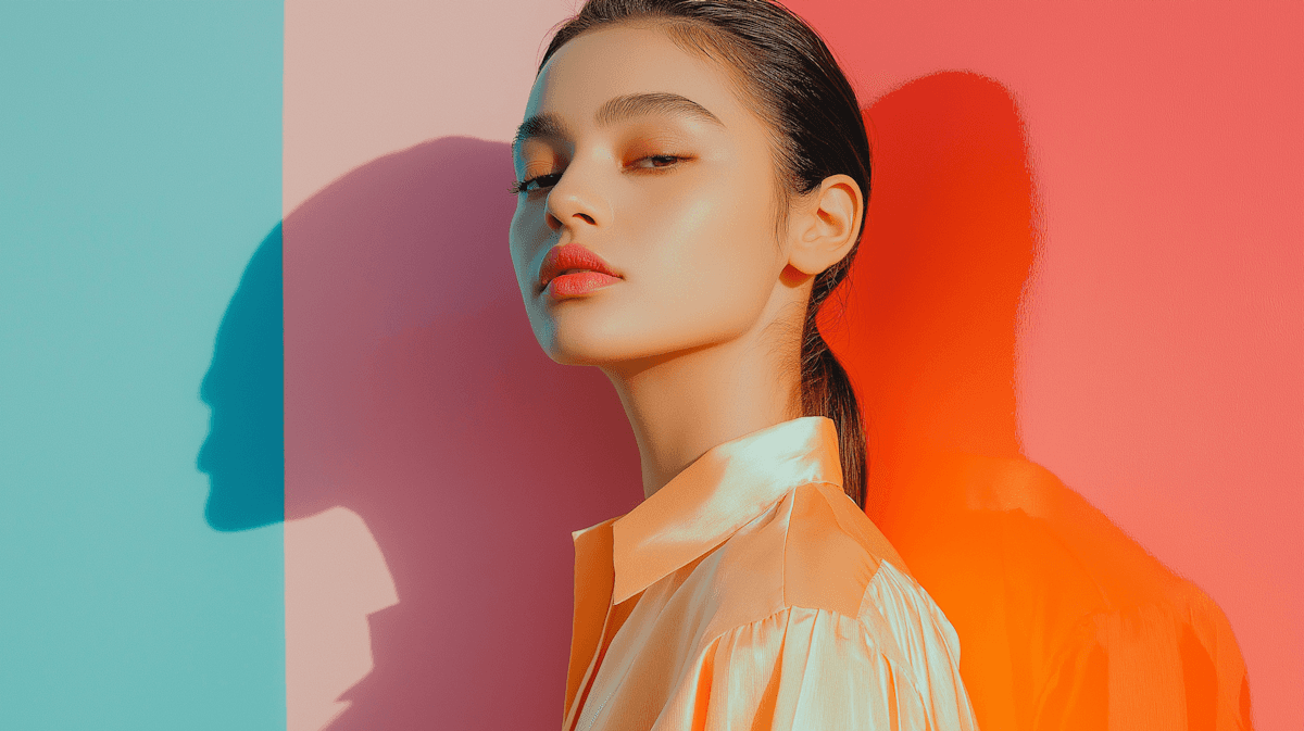 Portrait of a woman with colored shadows cast on her face against a red and blue background