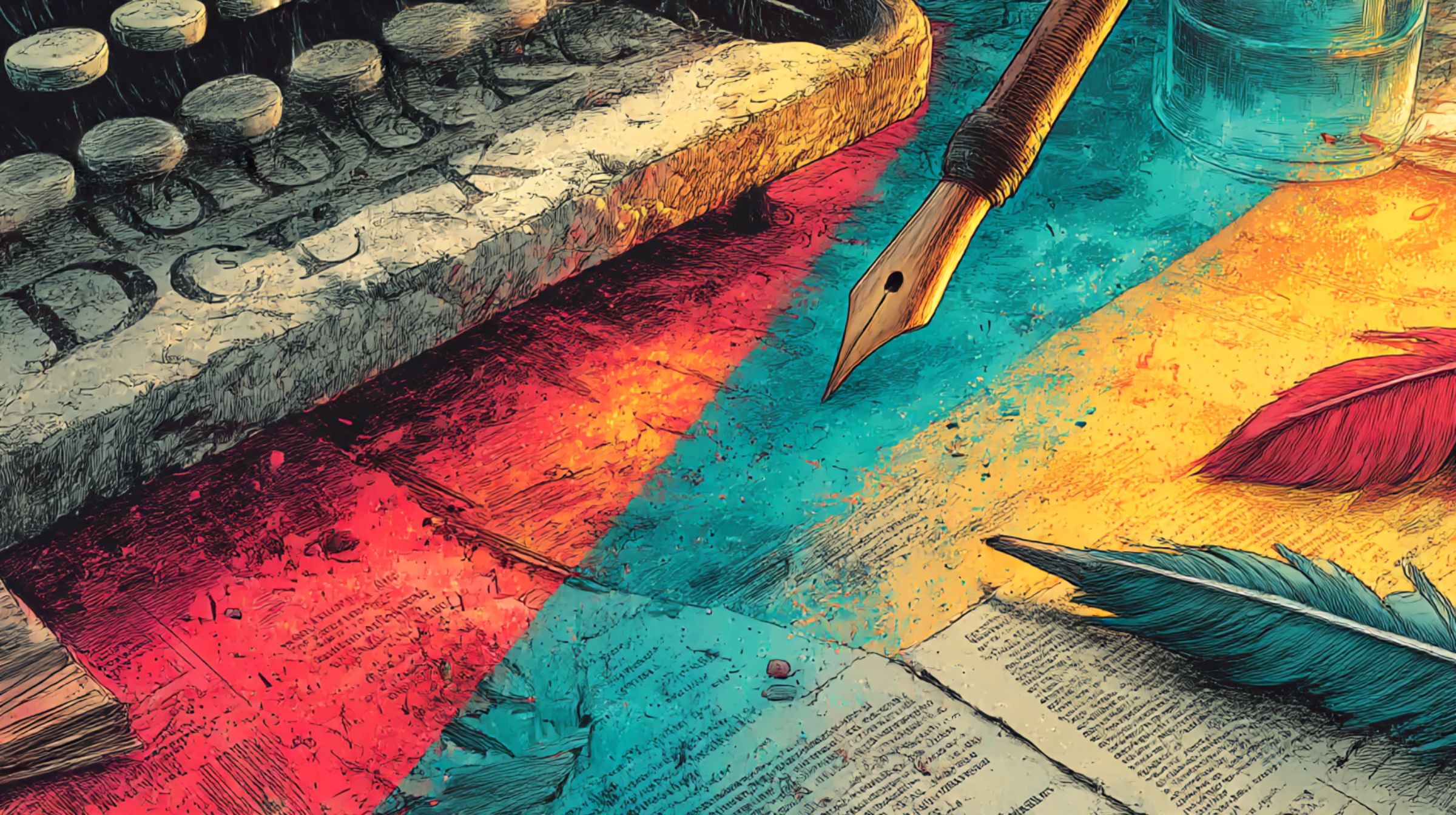 A weathered desk split by color and craft — carved type, quills, and scraps of paper glowing under cyan and gold light.