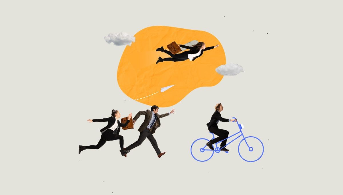 Stylized collage of professionals in motion with abstract energy shapes, used to depict hiring velocity.