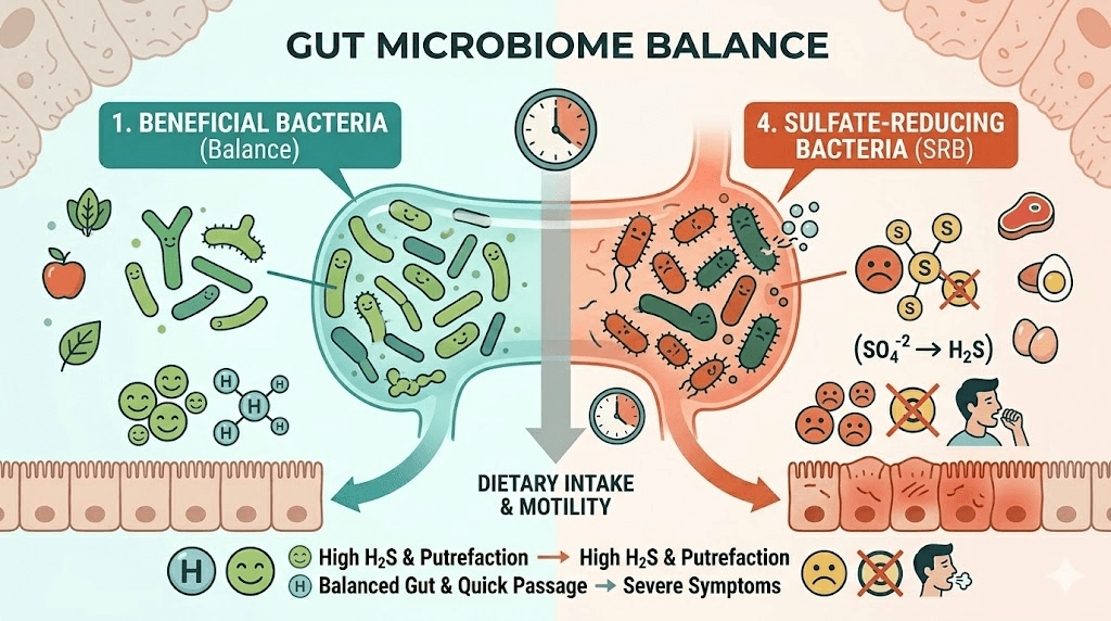 Gut microbiome balance showing how probiotics reduce sulfur-producing bacteria on GLP-1 medications