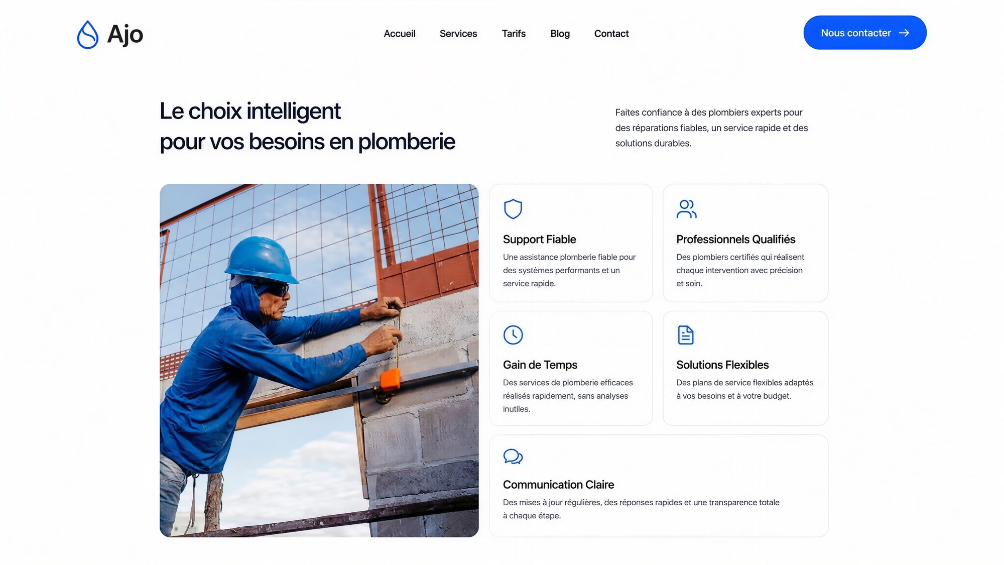 Site Ajo — section « Le choix intelligent » avec cartes d'arguments (support, professionnels qualifiés, gain de temps).