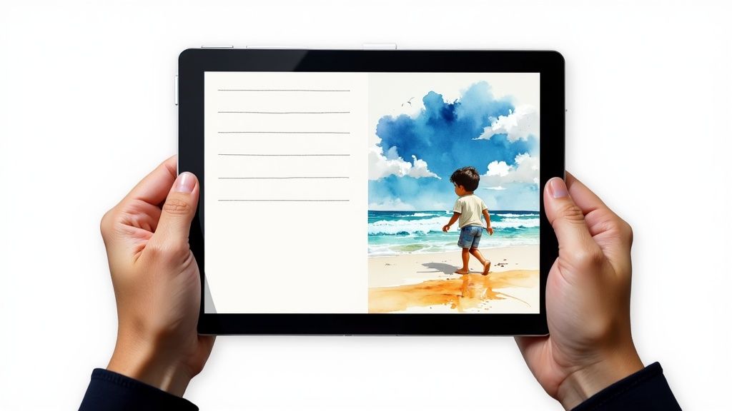 Hands holding a tablet displaying a digital storybook with a child on a beach and a lined page.