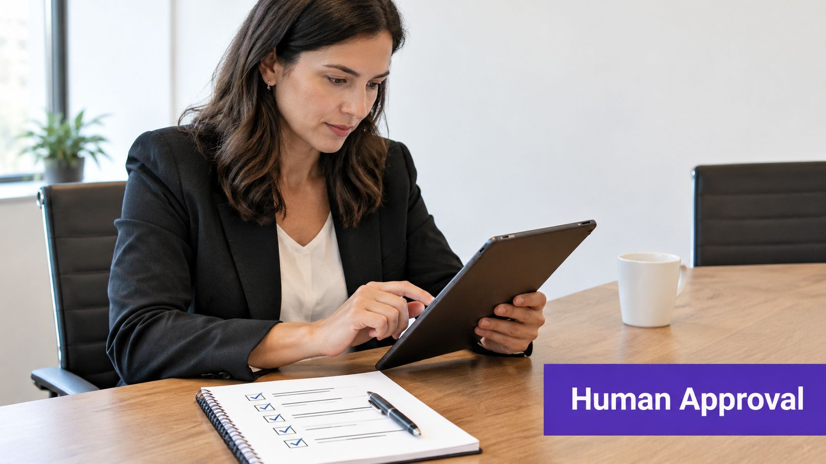 A professional woman in a business suit reviewing digital documents on a tablet at a conference table.