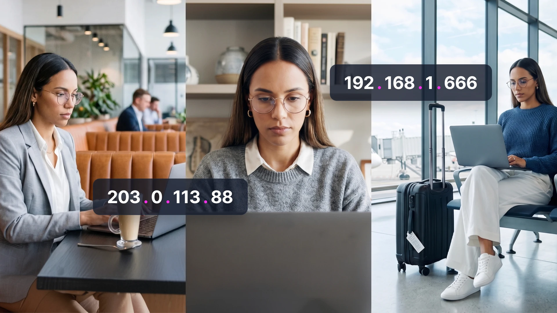 A collage of a professional woman working on a laptop in three different remote locations: a coffee shop, a home office, and an airport lounge. Floating IP address tags over each scene highlight the security risks of shifting network environments and the need for context-aware access policies in hybrid work.