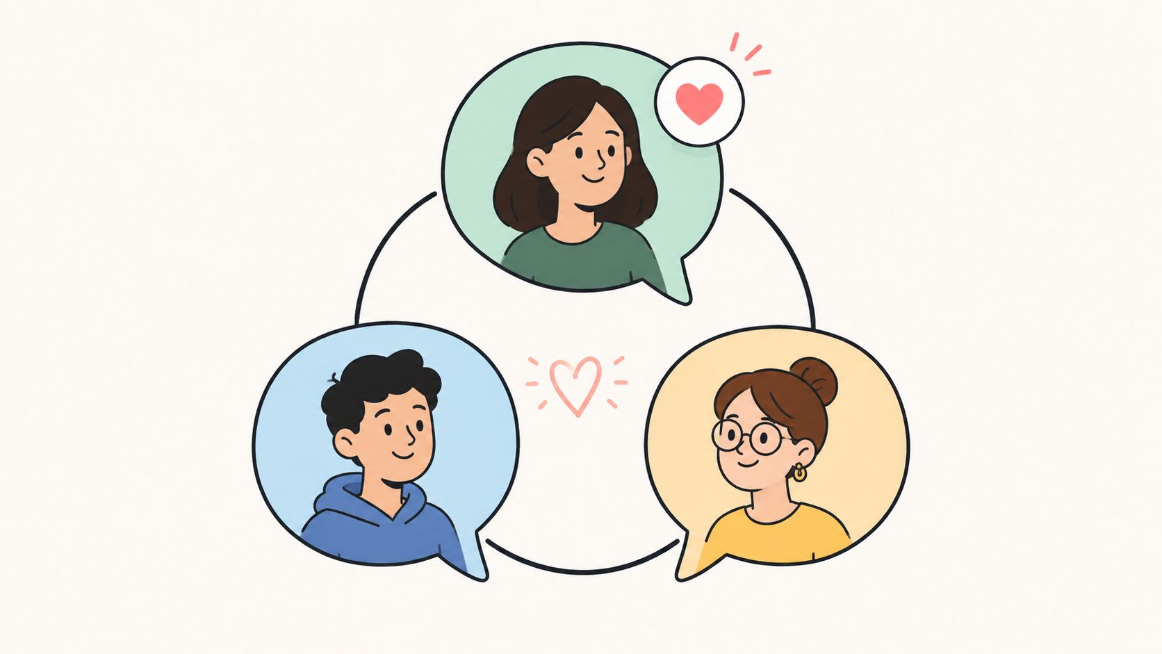 A hand-drawn illustration showing three diverse people in speech bubbles connected by heart symbols representing communication.