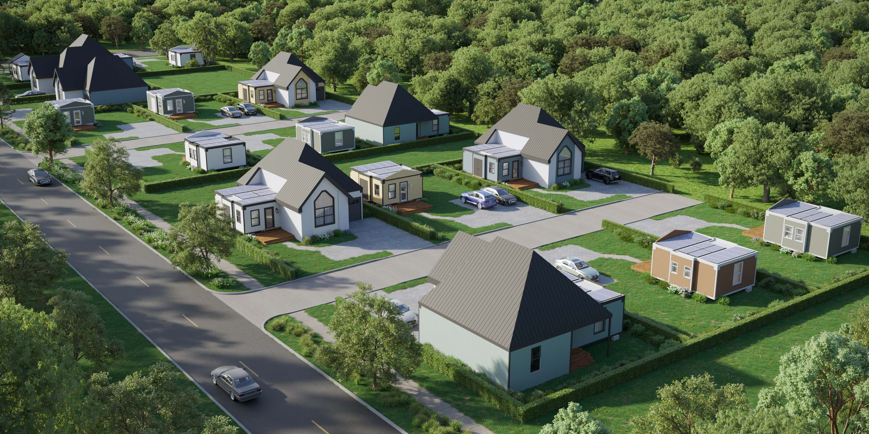 Suburban neighborhood showing multiple backyard ADU units installed behind residential homes.