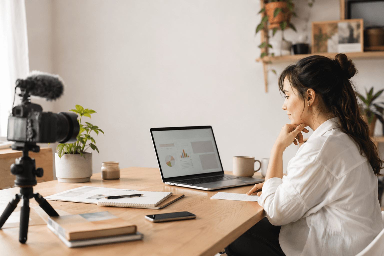 Content creator working at a bright, modern desk with a laptop, camera, and planning materials, representing the business and financial side of running a creator brand.