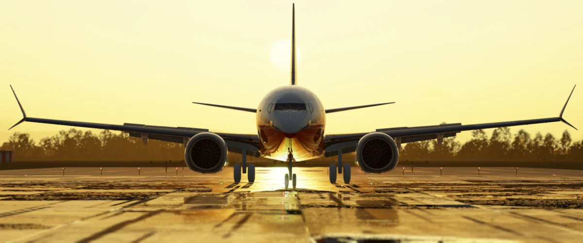 Head-on view of the AFL 737 MAX on a wet runway at sunset