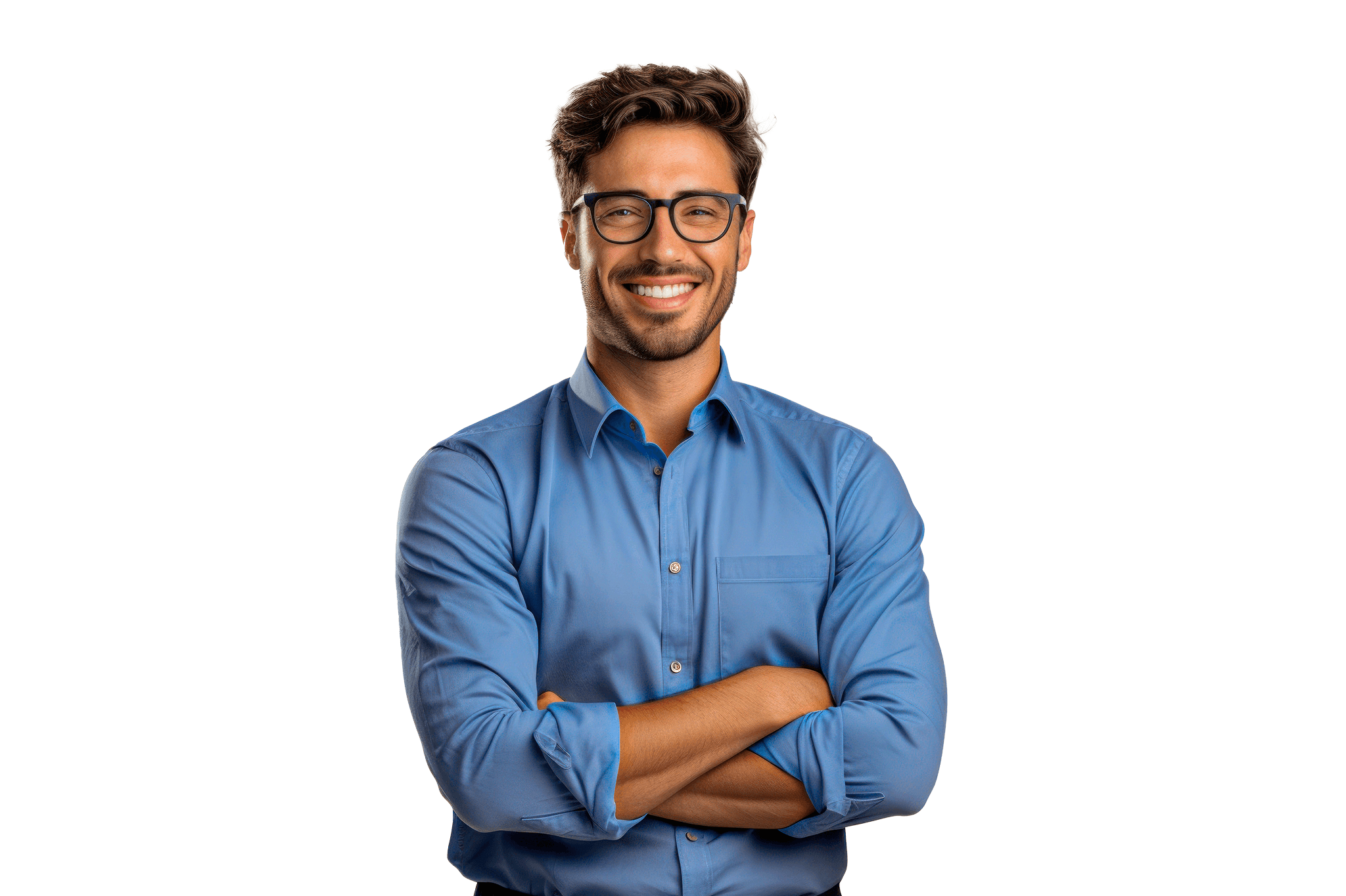 Smiling man in a blue shirt and glasses with arms crossed, standing against a plain white background.