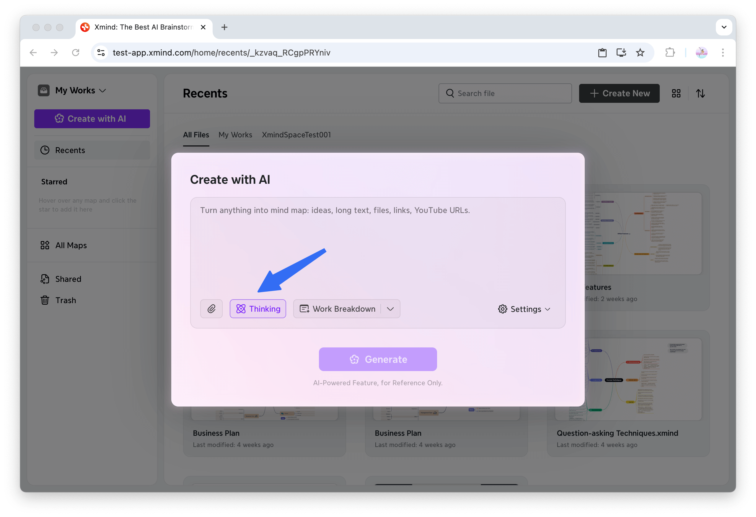 The Thinking mode option in Xmind’s Create with AI panel, used for deeper analysis and more thoughtful responses.