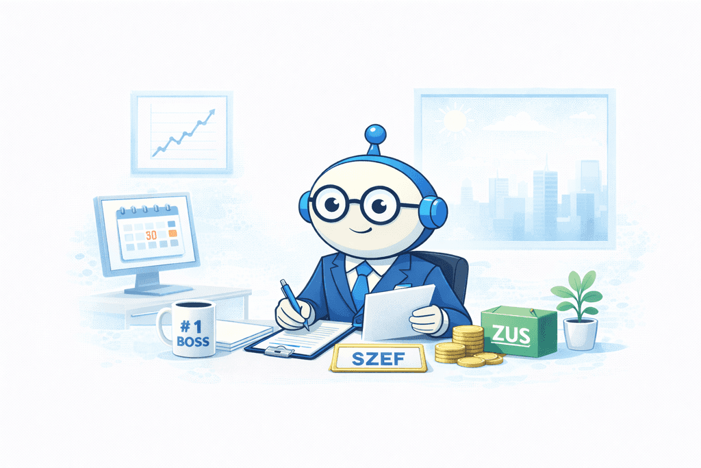 JDG 2026 – robot przy biurku, ZUS, dokumenty i kalendarz