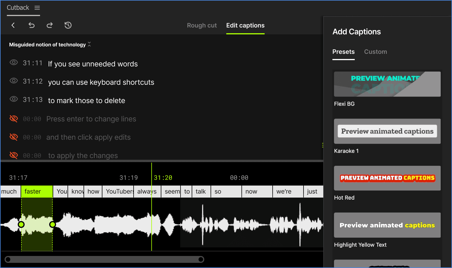 cutback edit captions screenshot