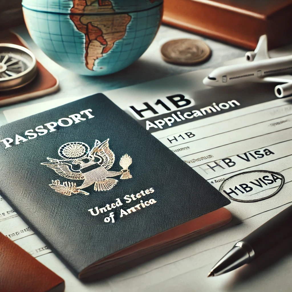 Close-up of a passport with a newly stamped H1B visa, placed on a desk next to an application form and pen. The image symbolizes the successful completion of the H1B stamping process, with additional travel elements in the background like a plane ticket and globe.