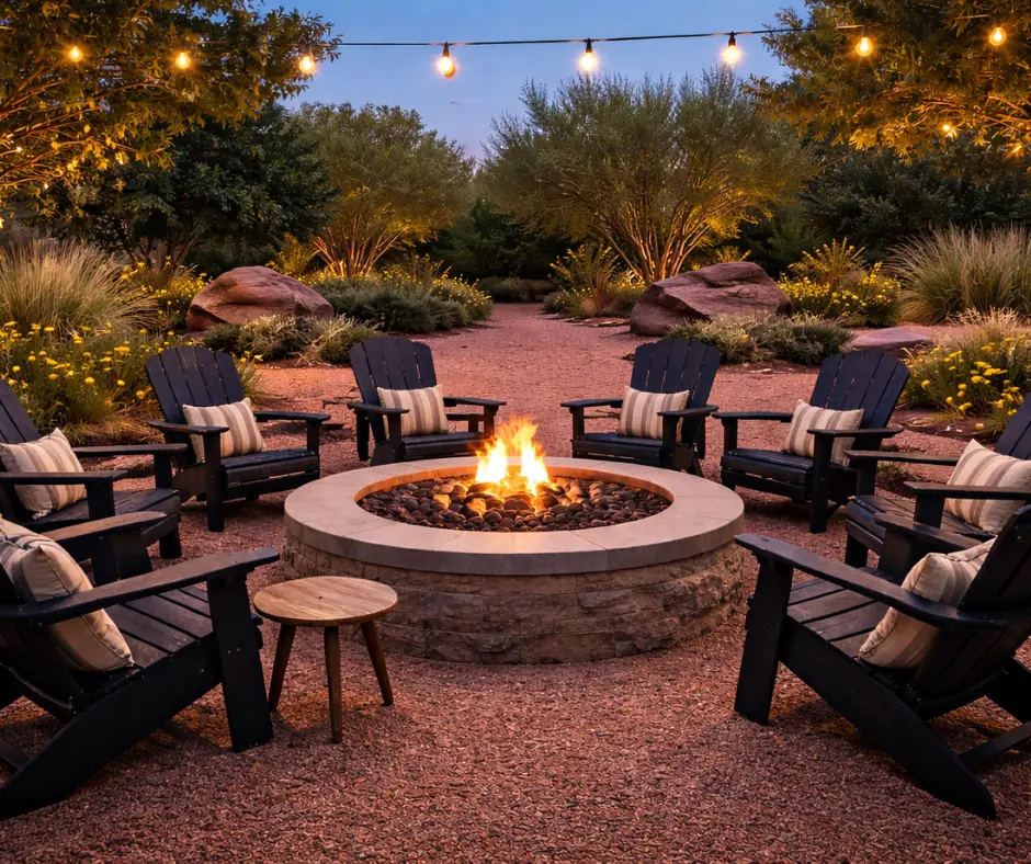 Fireplace with wooden garden chairs around it in the circle with Arizona nature background