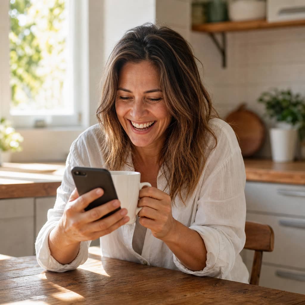 Woman in her 40s smiling at her phone over morning coffee — representing renewed energy and wellbeing through women's hormone therapy at Hero Health & Hormone in Charleston, SC