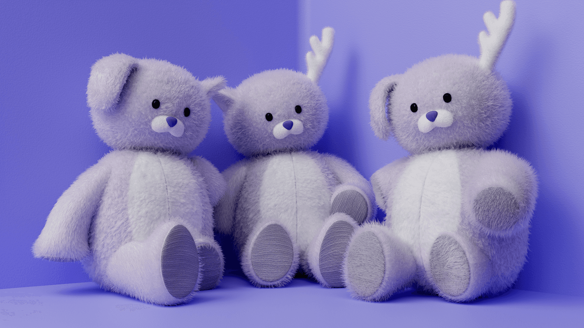 Three light gray teddy bears with darker gray paw pads sit against a solid purple background. Each bear has black eyes and a small blue nose, and its ears are upright. The bear on the right has white markings on its chest and paws. All three bears are facing forward, with their legs spread out slightly.