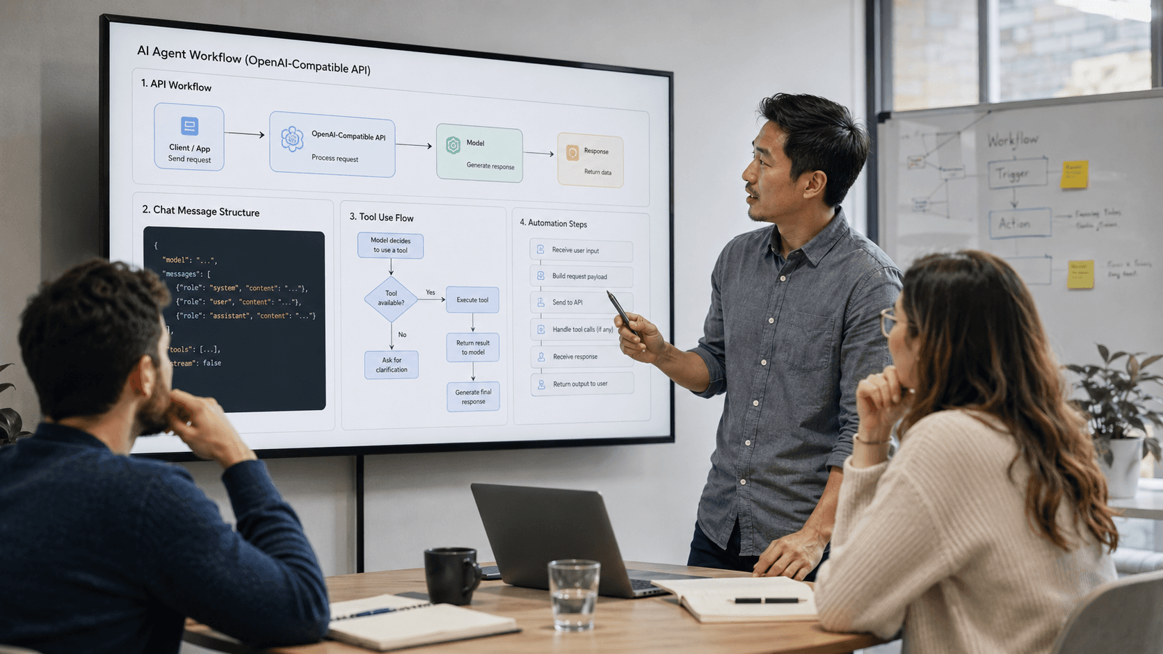 Development team discussing an AI agent workflow with API requests, tool use, and automation steps on a shared display