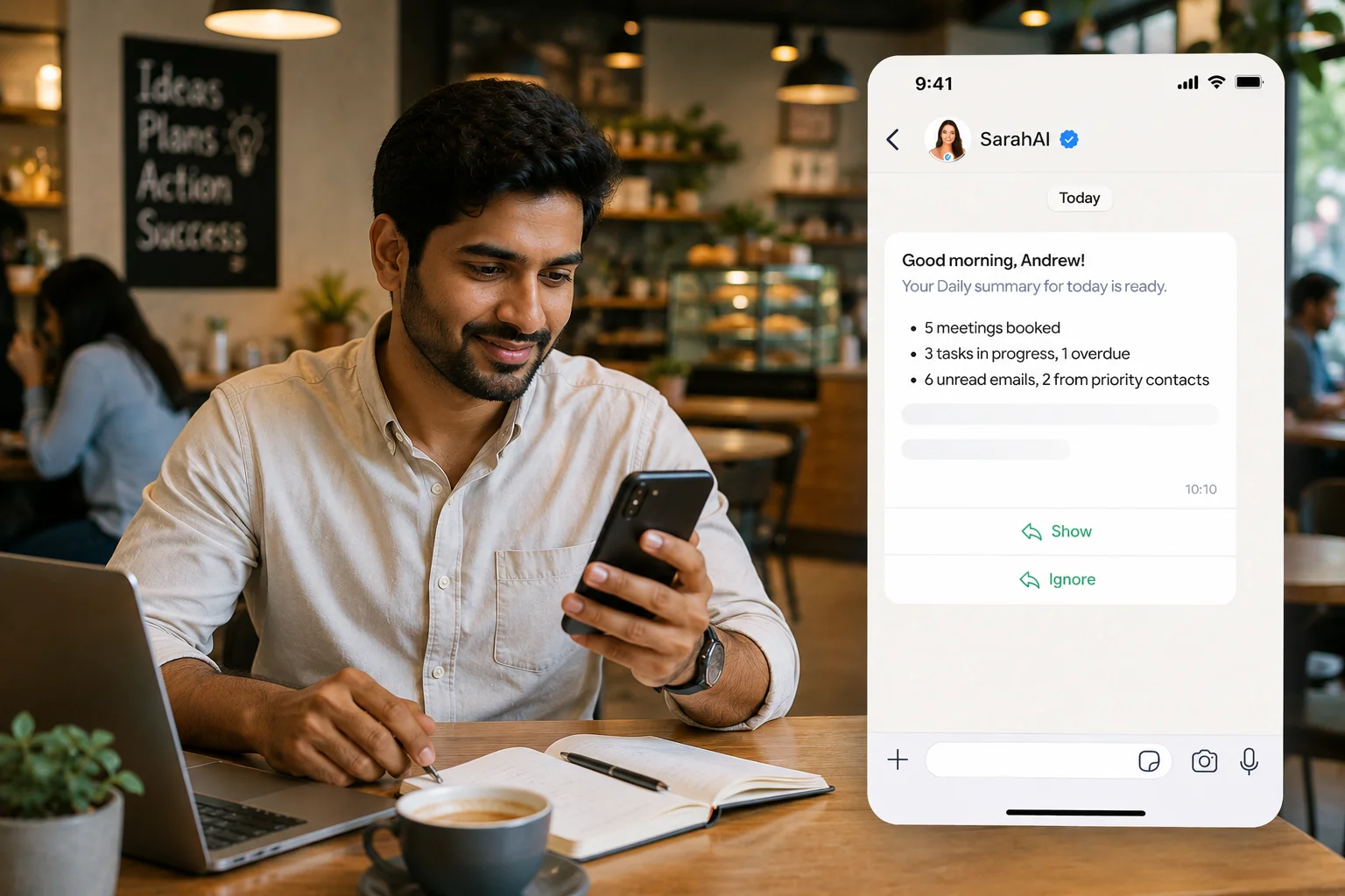 SarahAI WhatsApp morning brief for Indian SME founder showing daily priorities, tasks and meetings