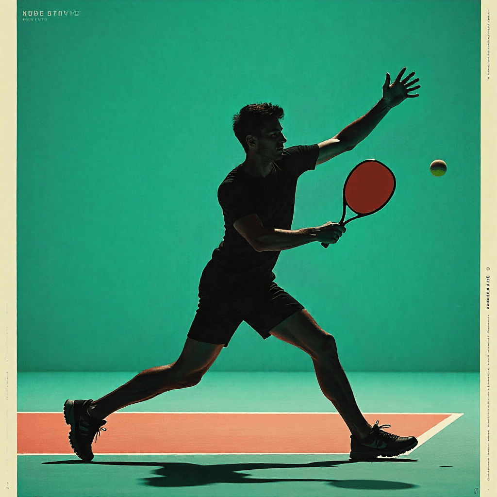 A silhouetted tennis player is mid-motion on a vibrant teal court, poised to make a forehand shot with a red racket against a contrasting background.