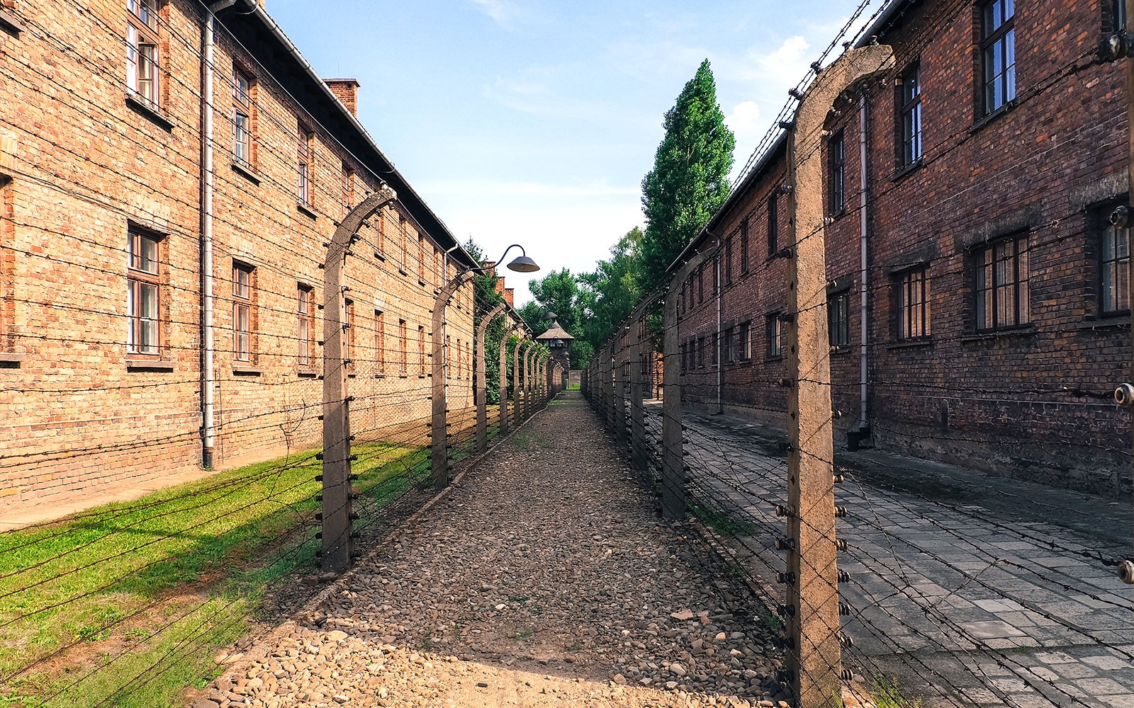 Gaddavírsgirðing og múrsteinsbyggingar í Auschwitz undirbúðum í Póllandi.
