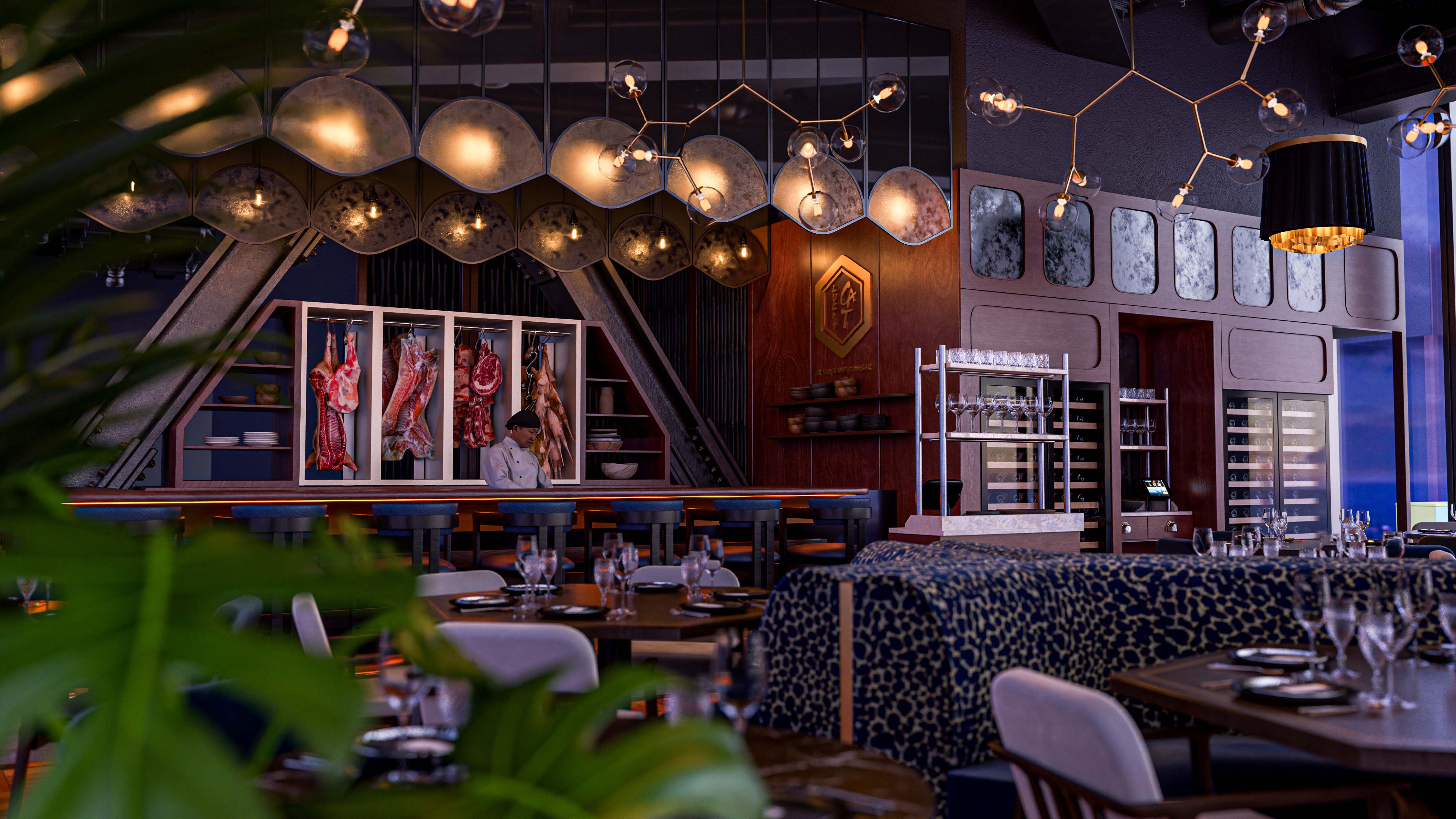 Bar interior at Lucky Cat Restaurant by Gordon Ramsay in London, located in 22 Bishopsgate, designed by Russell Sage Studio, CGI by Pixelspaces James Lyons