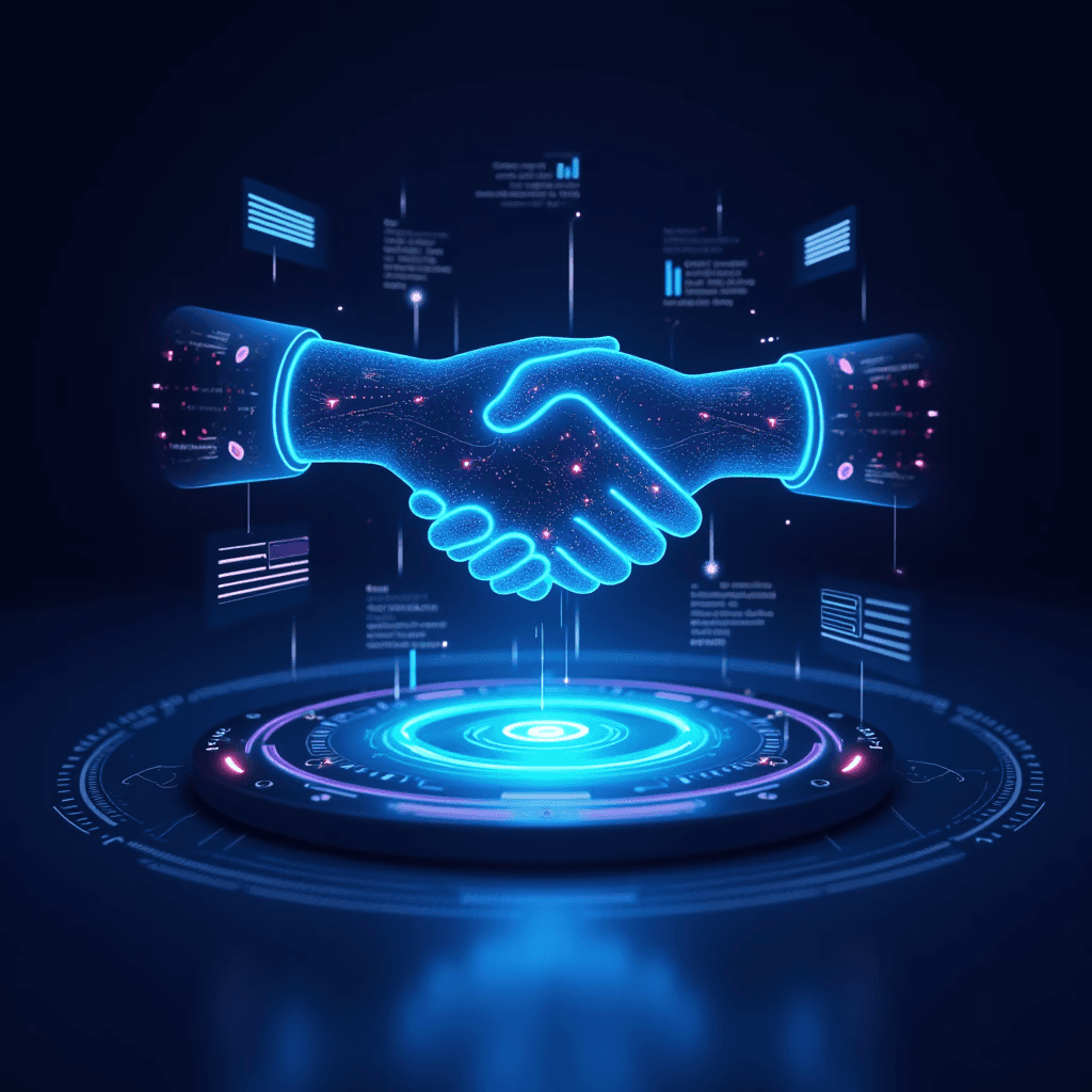 Digital handshake symbolizing AI-driven partnership and global collaboration through integrated security solutions