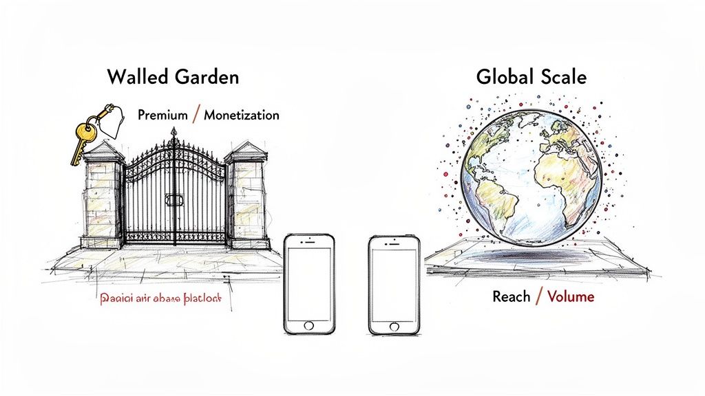 Illustration contrasting walled garden monetization with global scale reach strategies for app development.