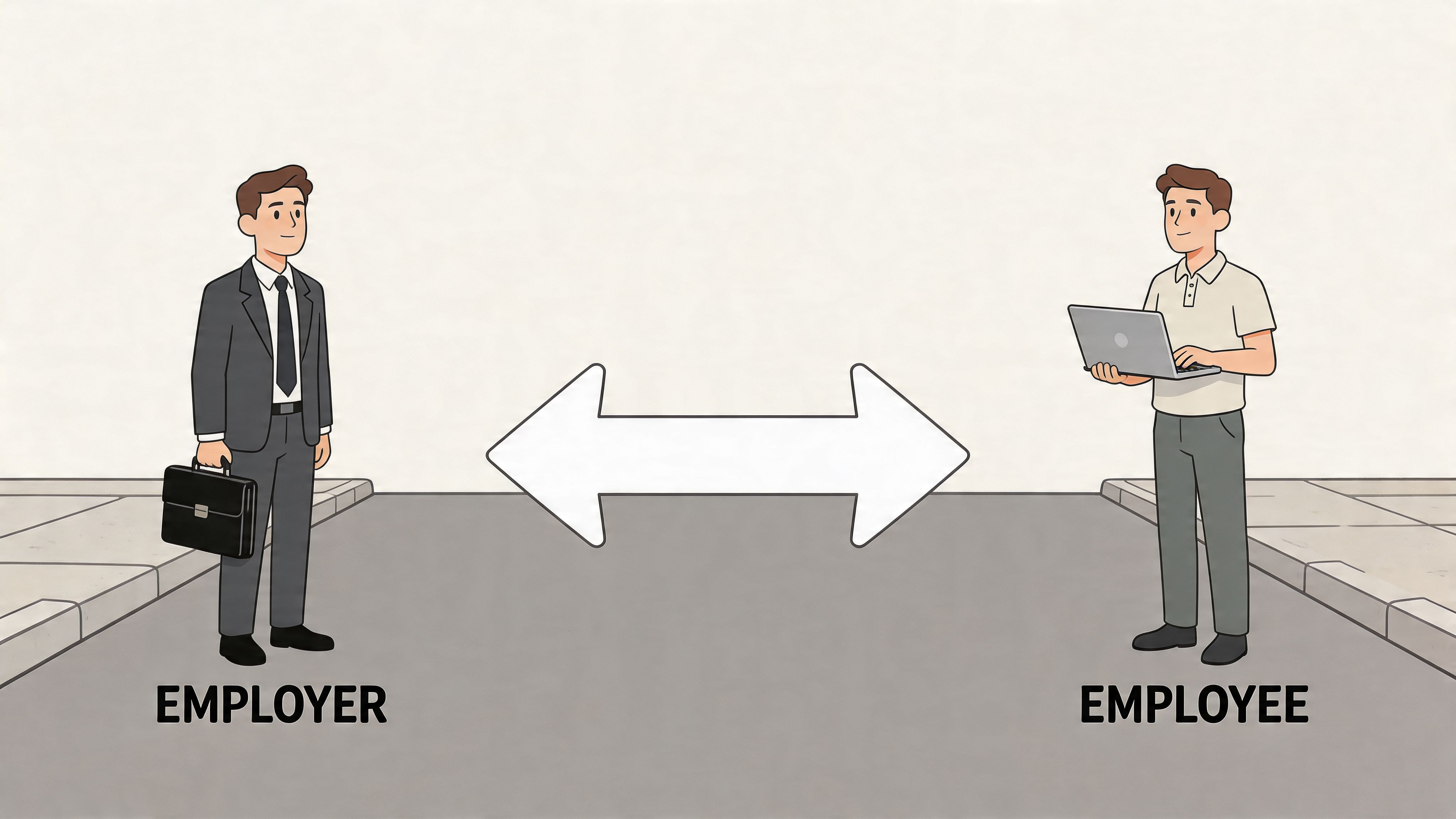 A professional employer and an employee standing on opposite sides of an arrow icon.