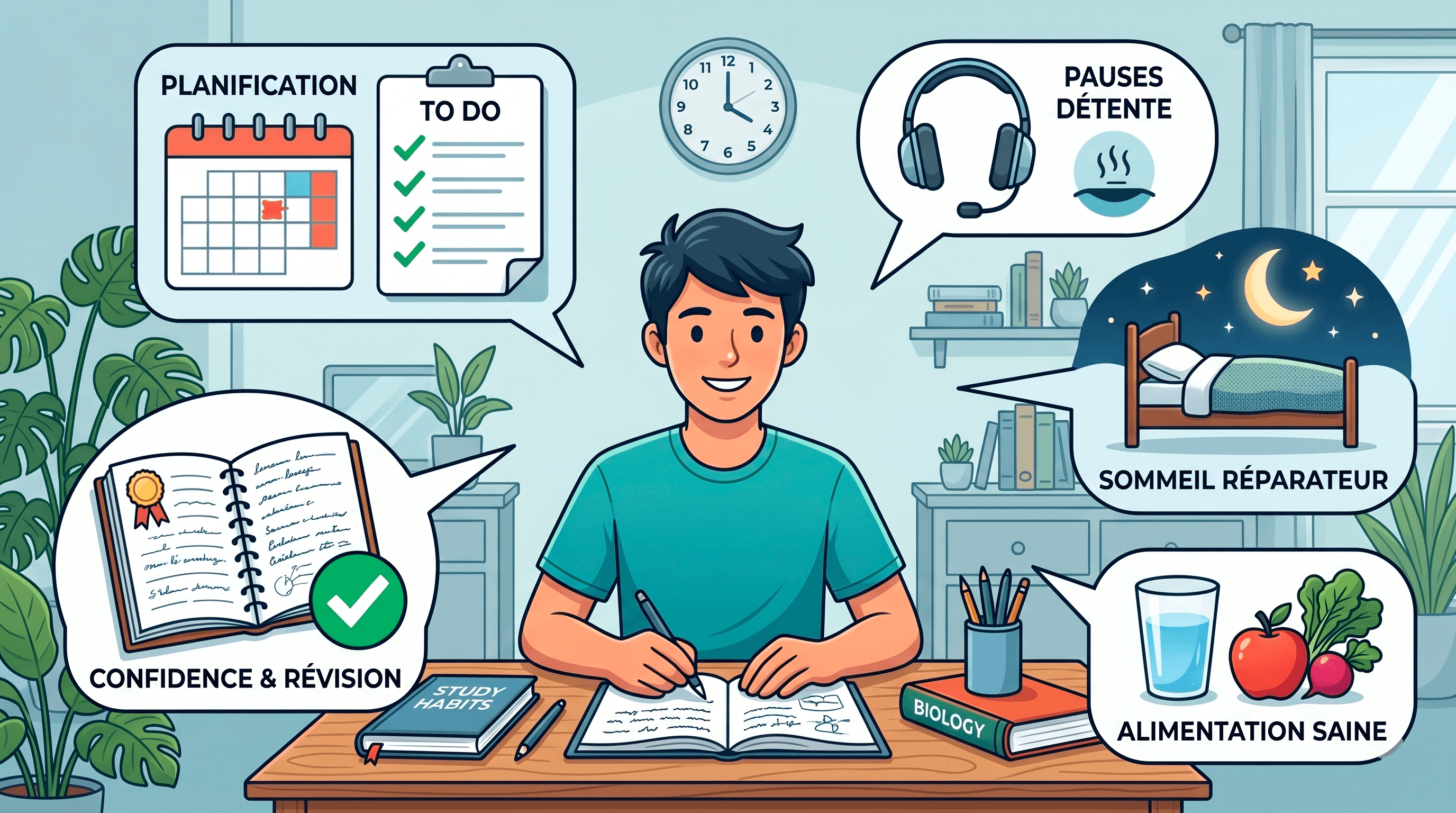 Illustration vectorielle colorée de style dessin animé d'un étudiant souriant assis à son bureau et révisant activement. Il est entouré de cinq bulles informatives flottantes illustrant des techniques clés pour gérer le stress des examens. En haut à gauche : 'PLANIFICATION' (calendrier et liste de tâches). En haut à droite : 'PAUSES DÉTENTE' (casque audio et tasse fumante). En bas à droite : 'SOMMEIL RÉPARATEUR' (lit sous la lune étoilée). En bas à droite : 'ALIMENTATION SAINE' (verre d'eau, fruits et légumes). En bas à gauche : 'CONFIDENCE & RÉVISION' (certificat avec sceau doré et crochet de validation vert). Le bureau est rempli de livres comme 'STUDY HABITS' et 'BIOLOGY', et l'ambiance est studieuse, positive et structurée.