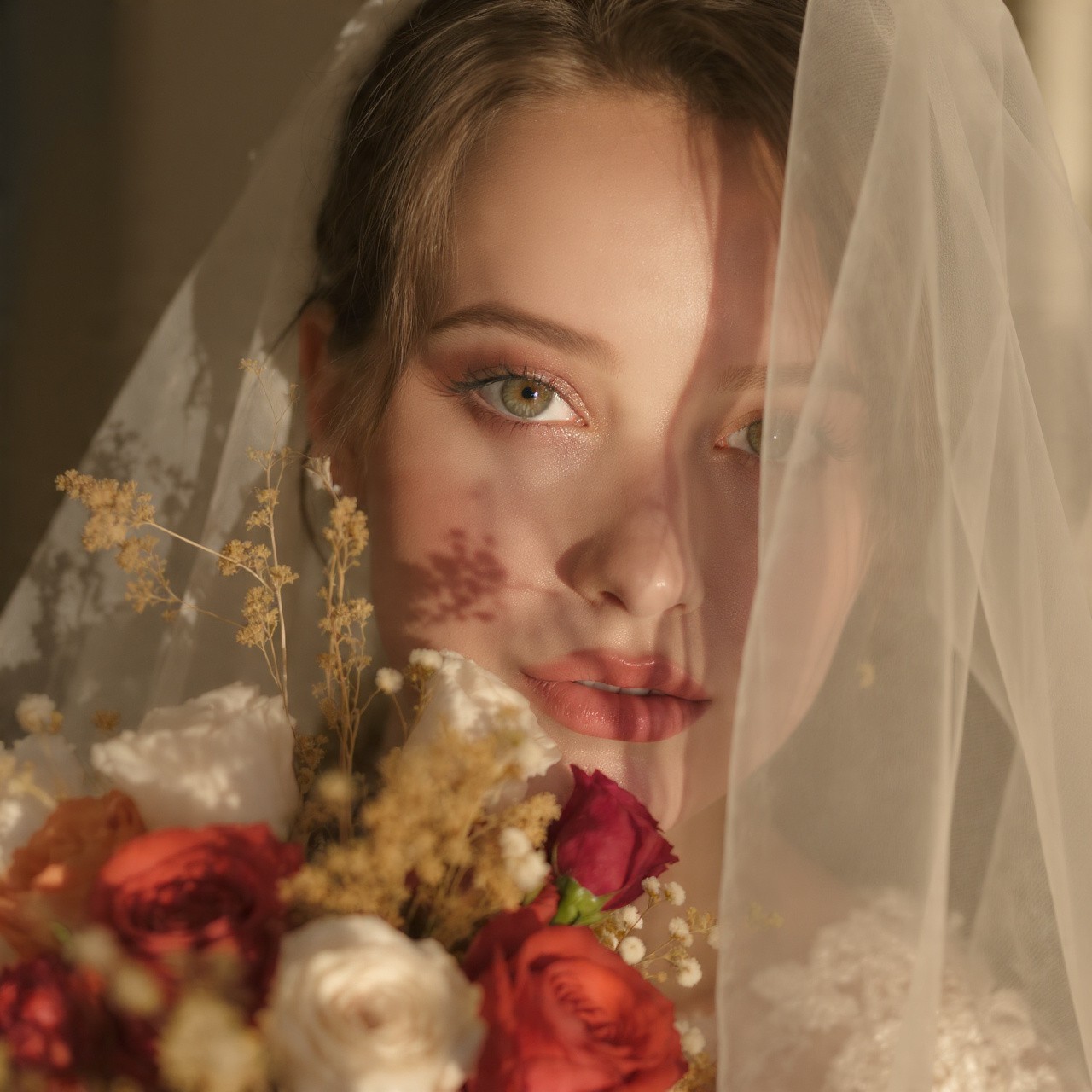 Bride with a veil and roses, featuring dappled sunlight on her face.