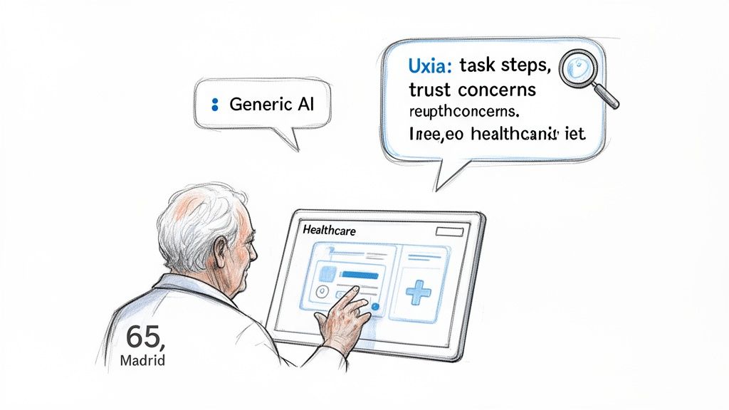 A doctor interacts with a healthcare tablet, considering Generic AI versus Uxia's detailed steps and trust concerns.
