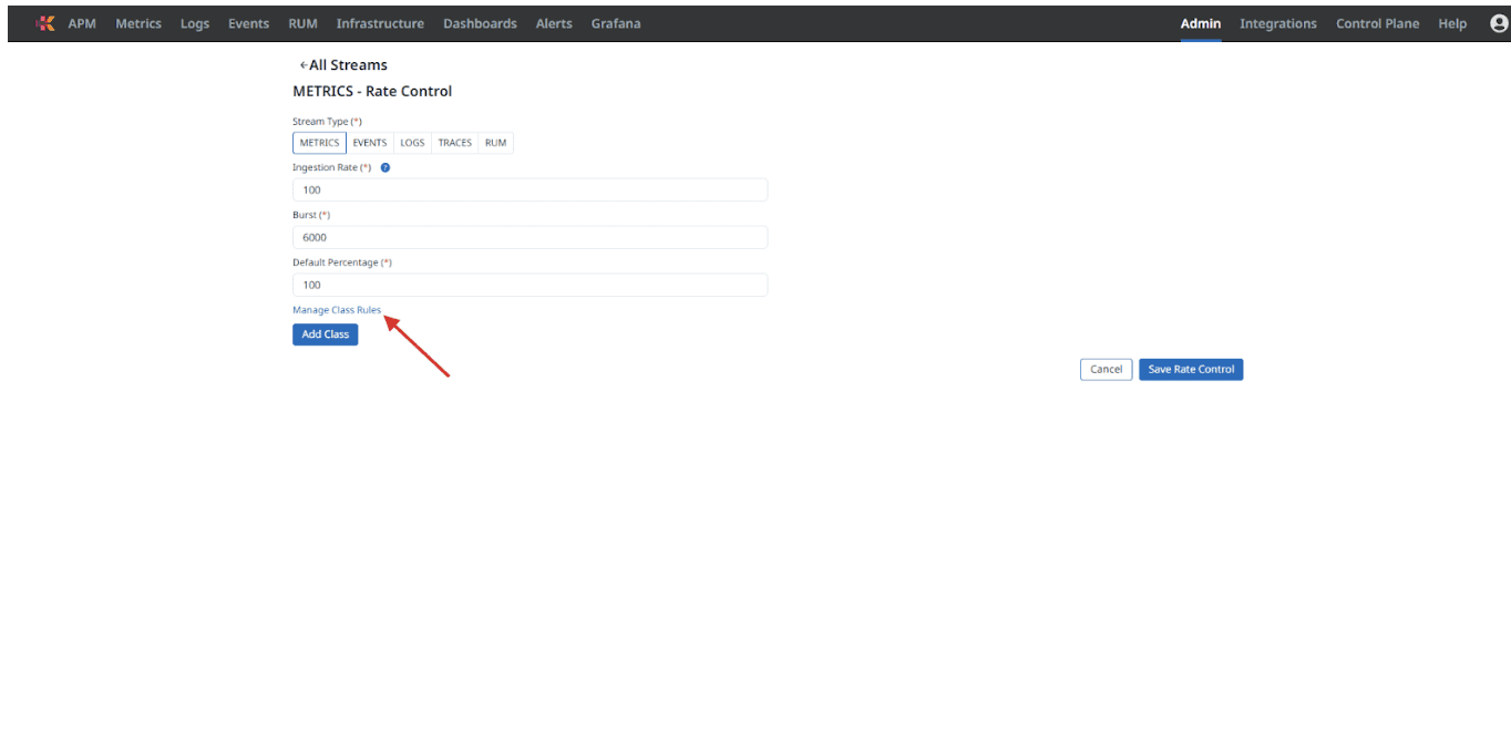 Open Manage Class Rules to prioritize trace traffic by metadata filters