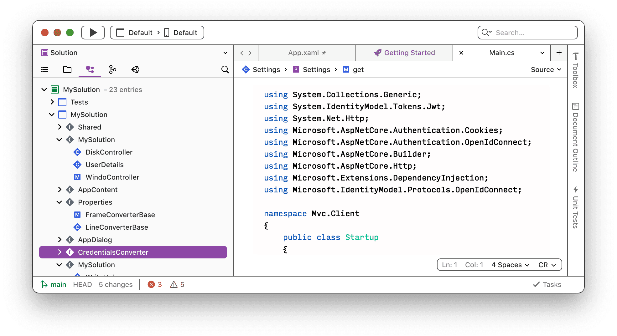 A screenshot showing Visual Studio for Mac 17 in the high contrast light theme